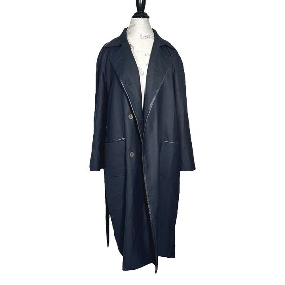 Louis Ferard | Women | Black Virgin Wool Leather Mid Belted Trench Coat | US 16 - Picture 5 of 16